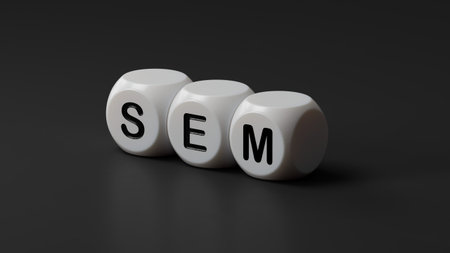 SEM symbol. Concept word SEM - search engine marketing on wooden dice and blocks. Business and...
