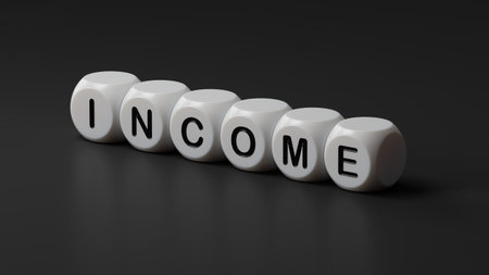 wooden dice with INCOME word.close up of wooden dice,Business Concept.3D rendering on black...