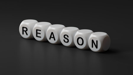 Reason symbol. Concept word Reason on wooden dice.Business and Reason concept. Copy space.close up of wooden dice,Business Concept.3D rendering on black background.の写真素材