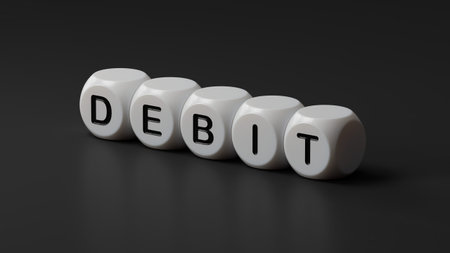 wooden dice with DEBIT business word.close up of wooden dice,Business Concept.3D rendering on black...