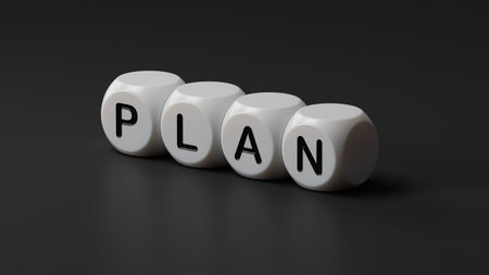 plan. wooden dice spelling.Flat lay view from above on wooden dice buttons.IT technology concept.3D...