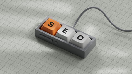 Business and design concept - surreal Computer keyboard keys with text SEO. the symbol of leadership, communication and success.Business Concept.3D rendering on white background.の写真素材