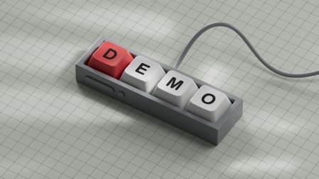Demo. Computer keyboard keys form the word Demo. An extensive concept of the word demo applied in...