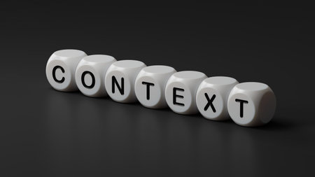wooden dice with text CONTEXT. financial market. financing.close up of wooden dice,Business Concept.3D rendering on black background.の写真素材