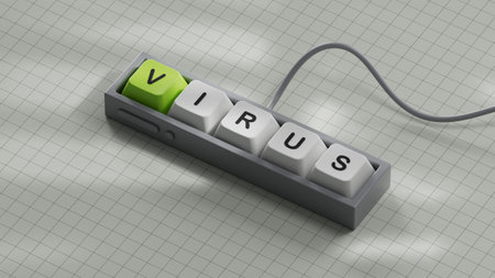 Dice form the word VIRUS .3D rendering on white background.の写真素材