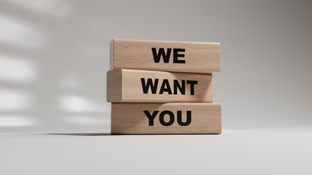 We want you symbol. Concept words We want you on wooden blocks. Business and We want you concept. wooden blocks. Copy space.3D rendering on white background.の写真素材