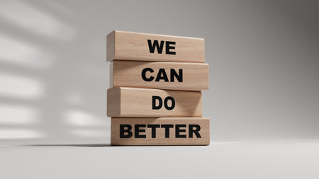 We Can Do Better symbol. Concept words We Can Do Better on wooden blocks.Business and We Can Do Better concept. Copy space.3D rendering on white background.の写真素材