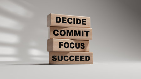 Decide Commit Focus Succeed symbol. Concept words Decide Commit Focus Succeed on wooden...