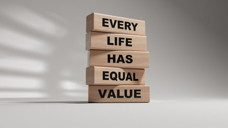Equality symbol. wooden blocks with words Every Life has Equal Value.Equality and life concept. Copy...
