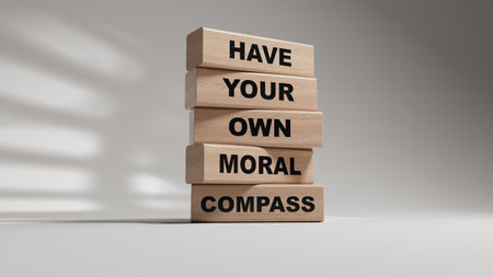 Have your own moral compass symbol. Business Concept words Have your own moral compass on wooden blocks.Copy space.3D rendering on white background.の写真素材