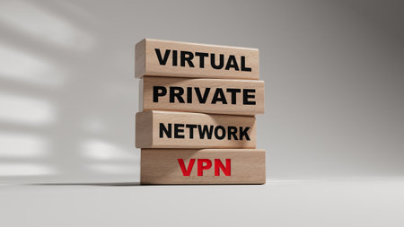 VPN - Virtual Private Network. wooden blocks with word VPN.Business and VPN concept. wooden blocks. Copy space.3D rendering on white background.の写真素材