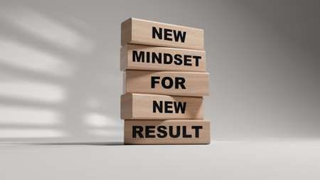 Mindset symbol. wooden blocks with words New Mindset for new Result.Business and New Mindset new Result concept. Copy space.3D rendering on white background.の写真素材
