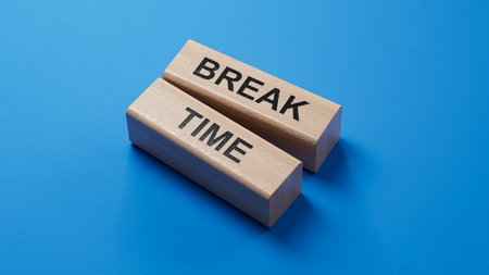 Break Time symbol. Concept word Break Time on wooden blocks. Business and Break Time concept. Copy space.3D rendering on blue background.の写真素材