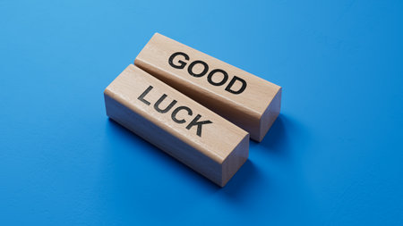 Good luck symbol. wooden blocks with words Good luck. Business and Good luck concept. Copy space.3D rendering on blue background.の写真素材