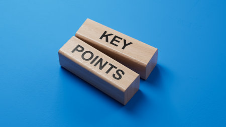 Key points symbol. wooden blocks with words Key points.Business and Key points concept. Copy space.3D rendering on blue background.の写真素材