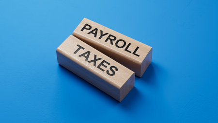 Payroll taxes symbol. Concept word Payroll taxes on wooden blocks.Business and Payroll taxes concept. Copy space.3D rendering on blue background.の写真素材