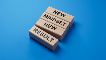 Mindset symbol. wooden blocks with words New Mindset new Result. Business and New Mindset new Result concept. Copy space.3D rendering on blue background.の写真素材