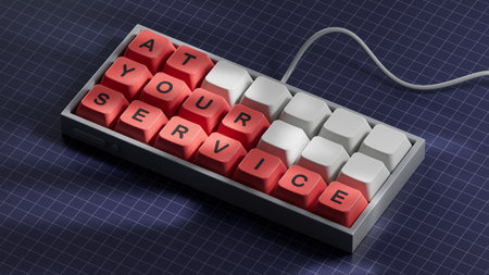 At your service symbol. Computer keyboard keys with words At your service.Business and At your service concept.Copy space.3D rendering on blue background.の写真素材
