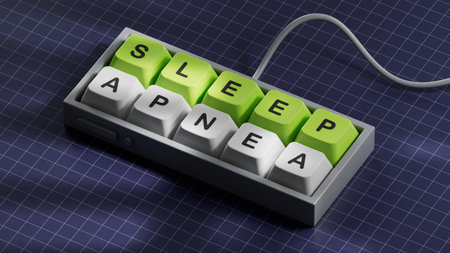 Sleep Apnea symbol. Concept word Sleep Apnea on Computer keyboard keys.Medicine and Sleep Apnea concept. Computer keyboard keys. Copy space.3D rendering on blue background.の写真素材