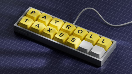 Payroll taxes symbol. Concept word Payroll taxes on Computer keyboard keys.Business and Payroll taxes concept. Copy space.3D rendering on blue background.の写真素材