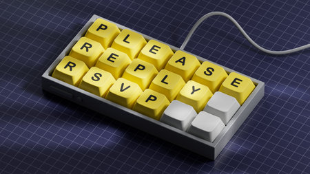 Word PLEASE REPLY rsvp. Wooden small cubes with letters. Computer keyboard keys. Copy space.3D rendering on blue background.の写真素材