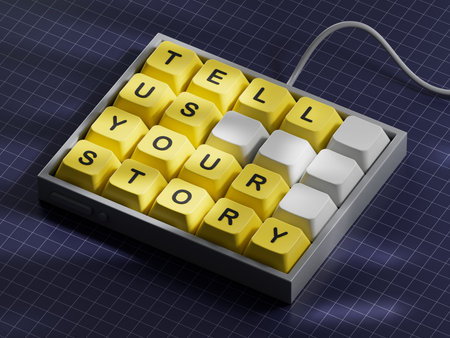 Tell us your story symbol. Concept words Tell us your story on Computer keyboard keys.Business and...