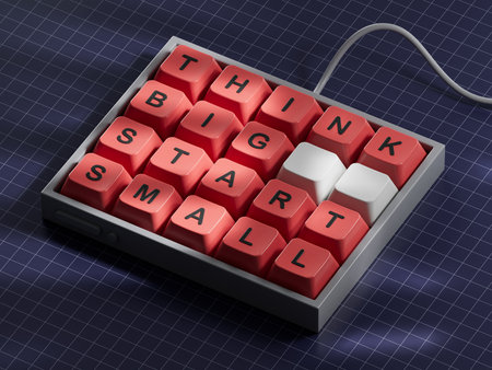 Think big start small symbol. Concept words Think big start small on Computer keyboard keys.Business and Think big start small concept. Copy space.3D rendering on blue background.の写真素材