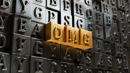 Omg. Movable type printing form the word OMG. Concept of the word OMG - Oh My God, expression in communication of reaction and emotions - shock, wow, surprise, laughter. 3D rendering on gold background.の写真素材