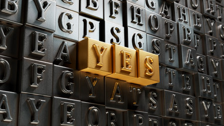 The word Yes written in black letters on wooden blocks. Message spells Yes. Business, motivation and education concept.3D rendering on gold background.の写真素材