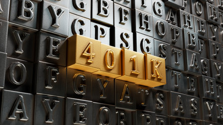 Movable type printing with 401K business word. Mission, Vision and core values concept.close up of Movable type printing,Business Concept.3D rendering on gold background.の写真素材