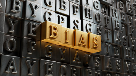 Word BIAS made from Movable type printing.close up of Movable type printing,Business Concept.3D rendering on gold background.の写真素材