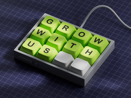 Grow with us symbol. Computer keyboard keys with words Grow with us.Business and Grow with us concept. Copy space.3D rendering on blue background.の写真素材
