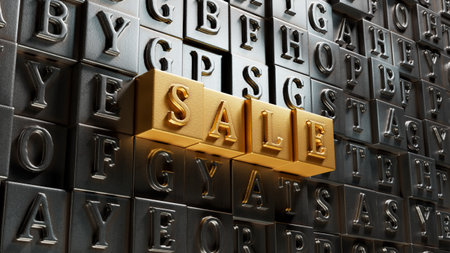 sale.Movable type printing spelling.Flat lay view from above on Movable type printing buttons.IT technology concept.3D rendering on gold background.の写真素材