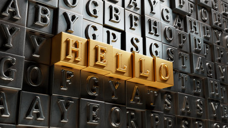 3D illustration of HELLO in English, using a sleek modern font. It symbolizes a warm welcome and friendly greeting, perfect for digital and print media.Movable type printing.の写真素材