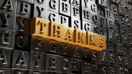 3D illustration of THANKS in English, using a classic font. It conveys deep gratitude and is ideal for elegant messaging.Movable type printing.3D rendering on gold background.の写真素材