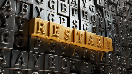 Wooden Blocks with the text: Restart. New business relaunch startup concept. 3D rendering on gold...
