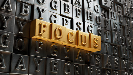 Movable type printing with FOCUS business word.close up of Movable type printing,Business Concept.3D...