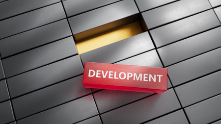 development.3D illustration of metal blocks.close up of metal blocks,3D rendering on red background.