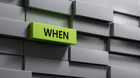 When? - word concept. Minimalist Abstract Design With close up of metal blocks,3D rendering on green...