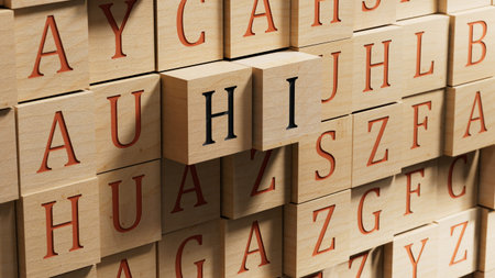 Hi- word concept. Minimalist Abstract Design. close up of wooden blocks,Business Concept. 3D...