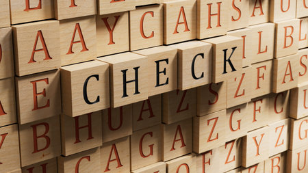 wooden blocks with CHECK business word. Mission, Vision and core values concept.close up of wooden...
