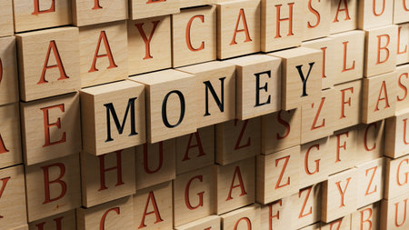 money.wooden blocks spelling.Flat lay view from above on wooden background with wooden blocks buttons.IT technology concept.3D rendering on wooden background.の写真素材