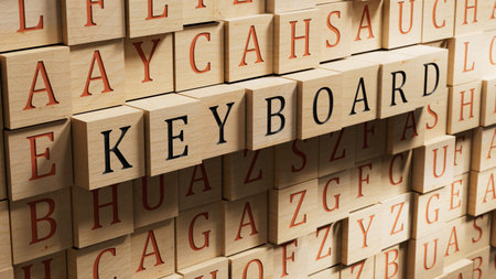 Keyboard.wooden blocks spelling.Flat lay view from above on wooden background with wooden blocks...