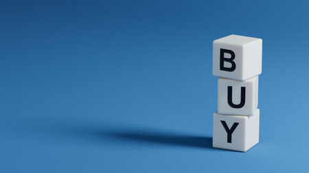 Buy. wooden elements form the word Buy. The concept of the word Buy. 3D rendering on blue...