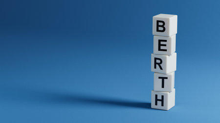 Word berth. Wooden small wooden elements with letters with copy space available.close up of wooden elements,Business Concept.3D rendering on blue background.の写真素材