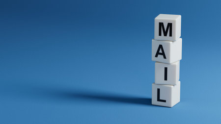 Mail.wooden elements spelling.Flat lay view from above on wooden elements buttons.IT technology...