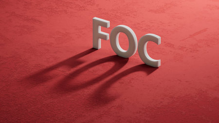 FOC - Business Acronym of Free of charge.3D rendering on red background.
