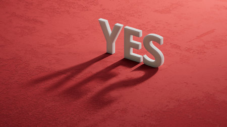 The word Yes written in black letters on wooden blocks. Message spells Yes. Business, motivation and education concept.3D rendering on red background.の写真素材
