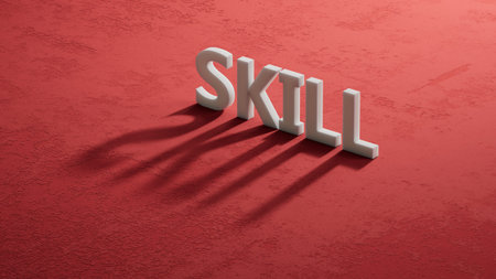 Word skill, Wooden small shadow of 3d charcaters with letters with copy space available.close up of...