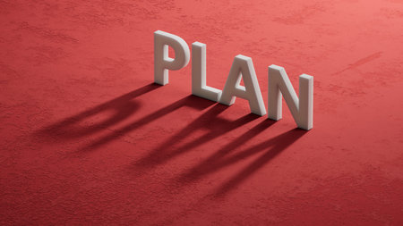 plan. shadow of 3d charcaters spelling.Flat lay view from above on shadow of 3d charcaters...